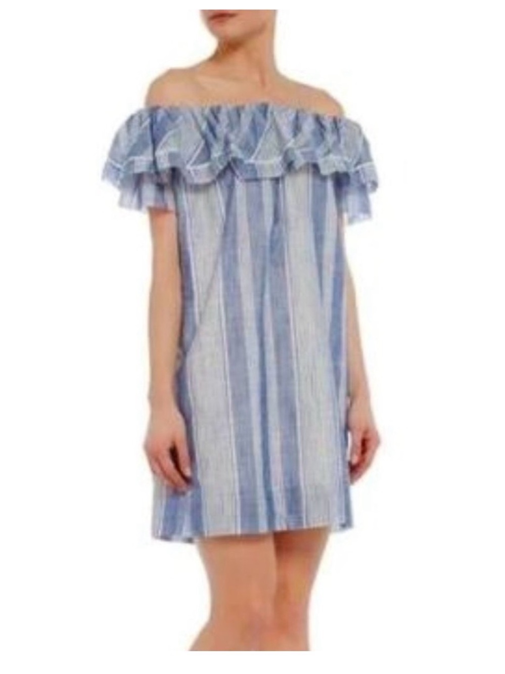 SUNCOO Blue and White Striped Off-Shoulder Dress